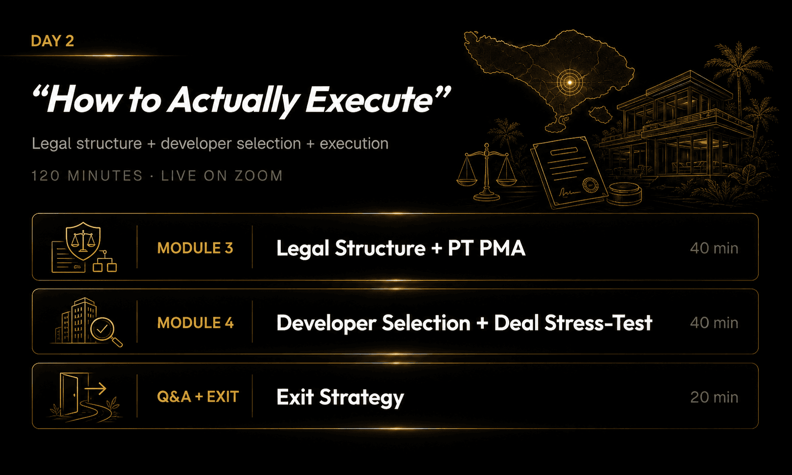 Day 2 — “How to Actually Execute”: legal structure + developer selection + execution. Module 3 Legal Structure + PT PMA (40 min), Module 4 Developer Selection + Deal Stress-Test (40 min), Q&A + Exit Exit Strategy (20 min).